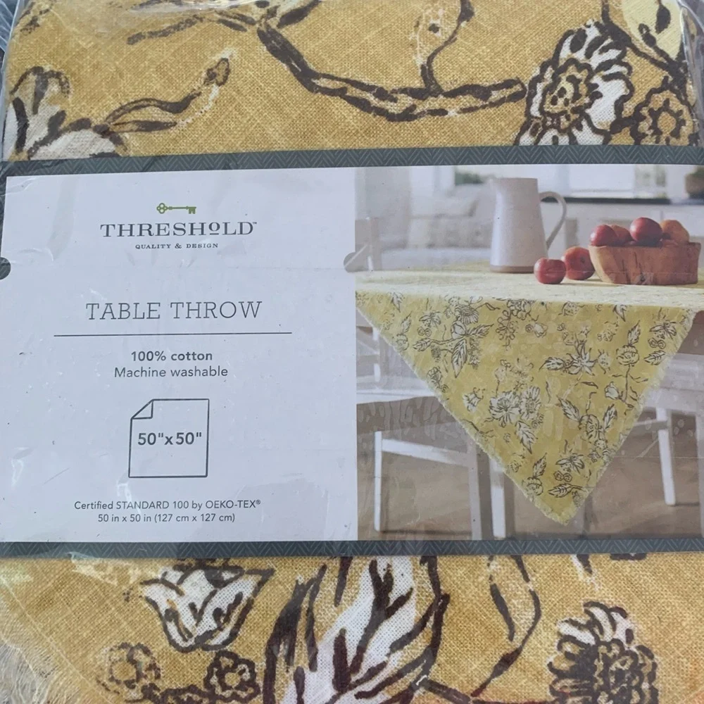 Threshold Yellow Frayed Edge Farmhouse Table Cloth Throw 50 “x 50” Vintage Style